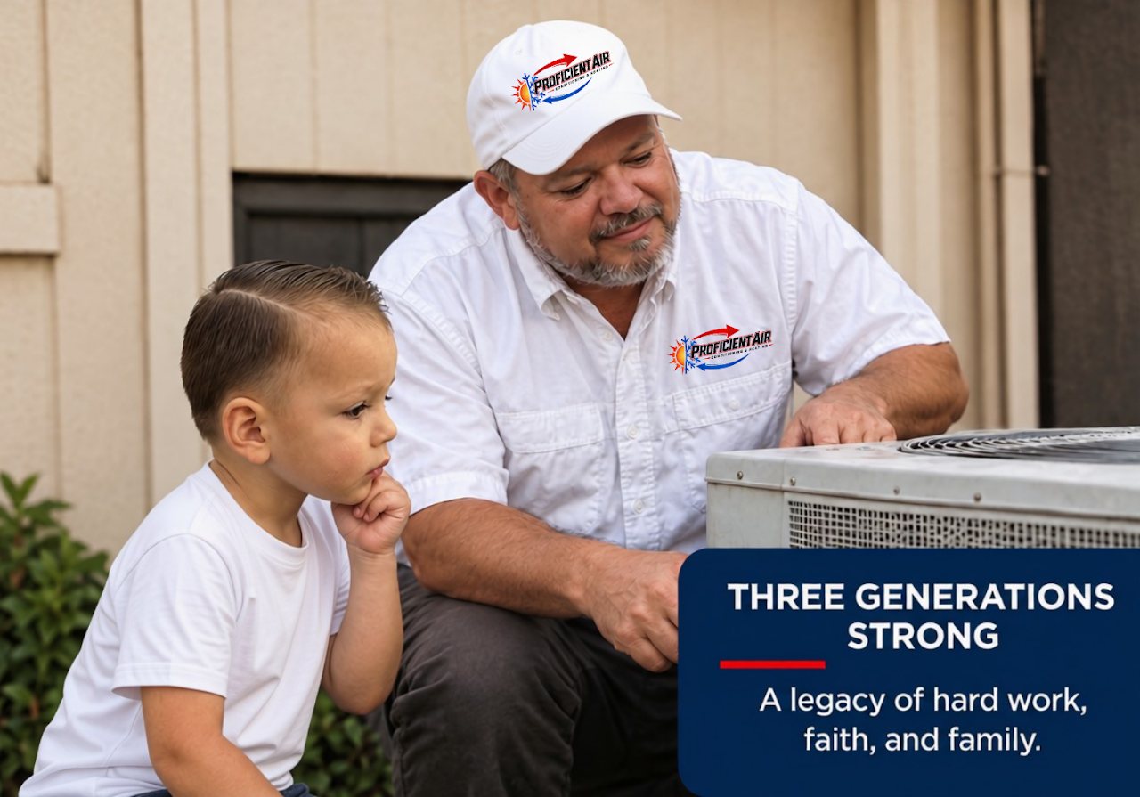A Proficient Air technician and a young child looking at an outdoor A/C unit, captioned “Three generations strong: a legacy of hard work, faith, and family.”